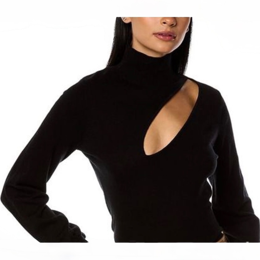 Nicholas Aliyah Mock-Neck Knit Black Sweater Top With Cutout Sz L